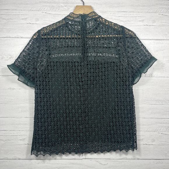 ZARA womans Guipure Lace Mock Neck Ruffle Trim Top Blouse Sheer Back Medium - Picture 4 of 7
